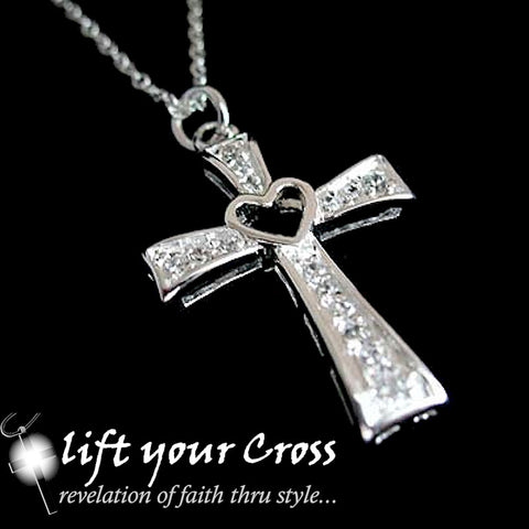 925 Sterling Silver Latin Cross Heart CZ Crystals Ladies Necklace - LYC