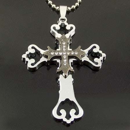Stainless Steel Cross double Pendant two-tone silver color hollow out Necklace