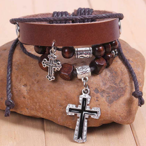 Vintage Leather Wrap Charm Bracelet Bangle with Cross Pendant