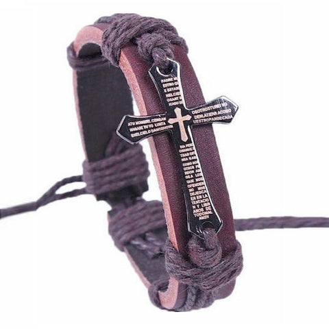 Handmade Braid Genuine Leather Wrap Charm Cross Bracelet Bangle