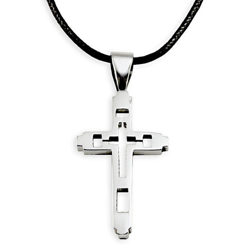 Stainless steel cutout cross pendant, Polished Metal christian necklace