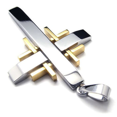 Christian Cross Stainless steel polished silver necklace with gold inserts