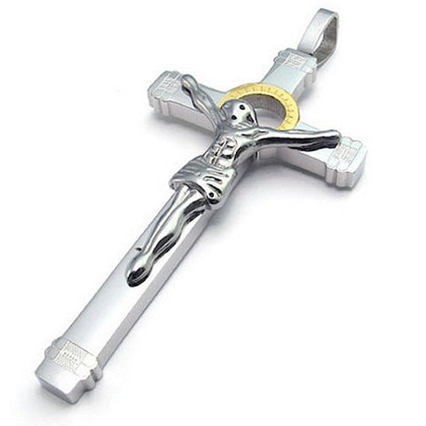 316L Stainless Steel Crucifix Cross Men's Pendants Necklace - Silver with Gold Trim