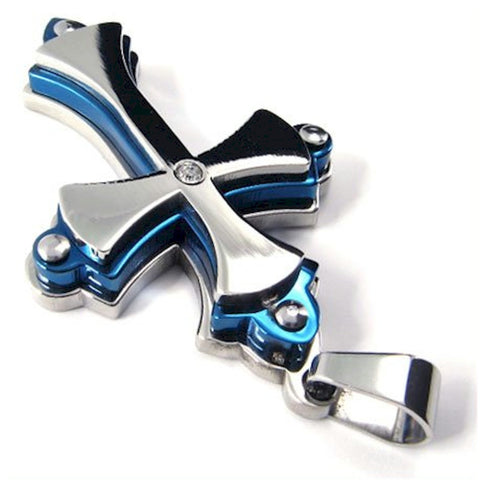 Stainless Blue Steel and Chrome Cross Riveted 3 Layer Pendant - LYC