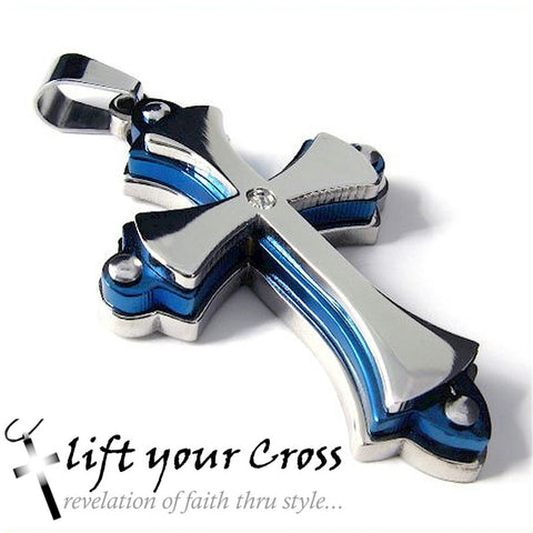 Stainless Blue Steel and Chrome Cross Riveted 3 Layer Pendant - LYC