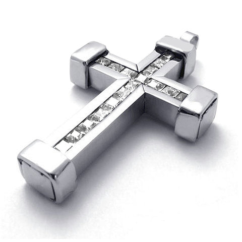 Bold Stainless Steel Cross Pendant Silver with CZ Solitaire Stones