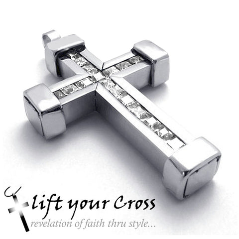Bold Stainless Steel Cross Pendant Silver with CZ Solitaire Stones