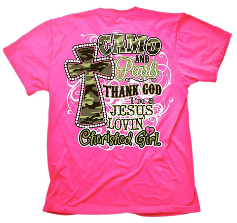 Christian Girls T-Shirt - Camo and Pearls - Lift Your Cross