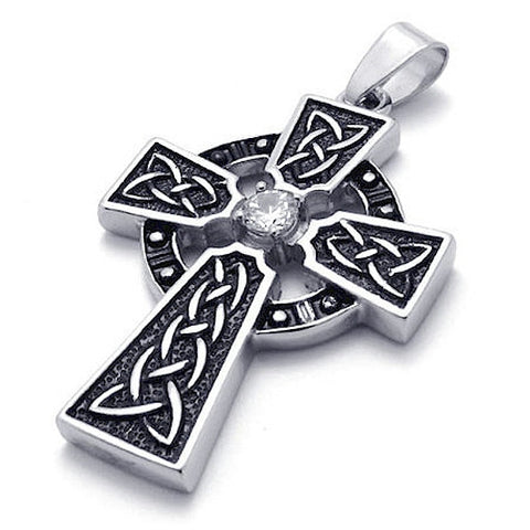 Christian Cross Men's Stainless Steel Celtic Look Necklace - Silver