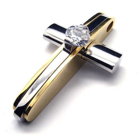 Christian Necklace mens chrome n gold cross cz stone