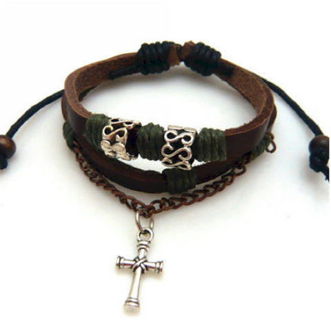 Leather Wrap Charm Bracelet Bangle with Cross Pendant