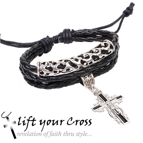 Mens Black Leather Cross Wrap bracelet Retro Snakeskin Look - LYC