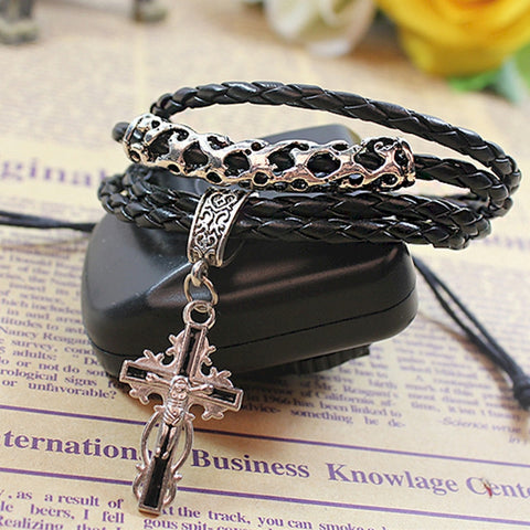 Mens Black Leather Cross Wrap bracelet Retro Snakeskin Look - LYC