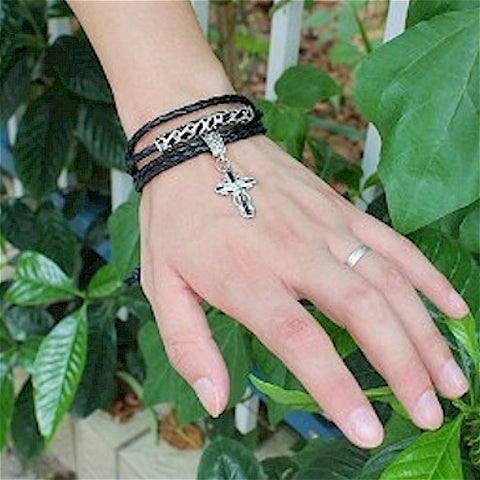 Mens Black Leather Cross Wrap bracelet Retro Snakeskin Look - LYC