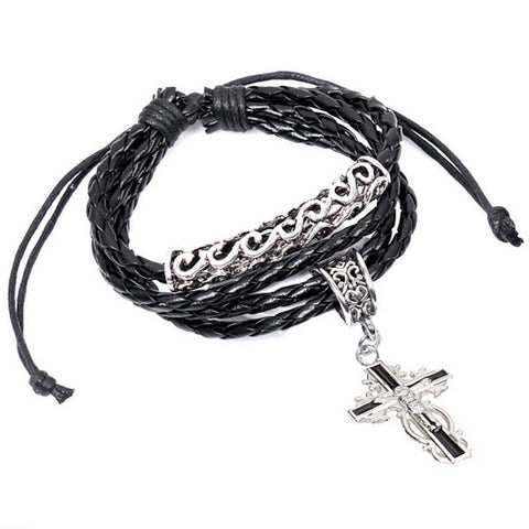 Mens Black Leather Cross Wrap bracelet Retro Snakeskin Look - LYC