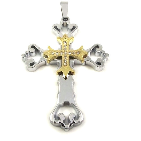 Stainless Steel Cross Double Pendant Triple Gold Color Hollow out Necklace