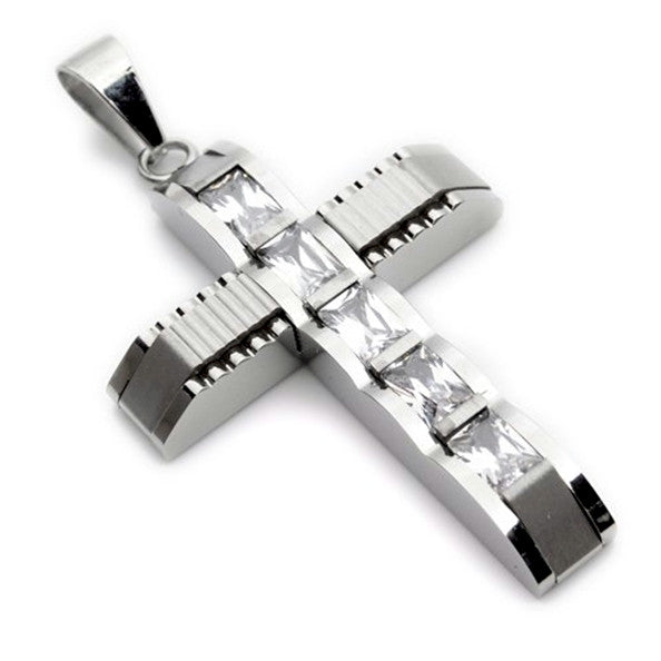 SINLEERY Silver Color Rhinestone Cross Stainless steel Pendant