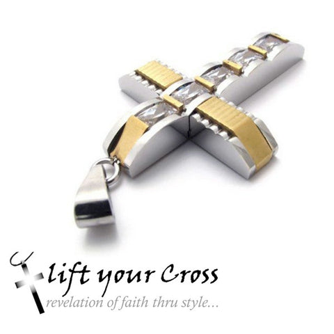 Stainless Steel Crystal Gentility Silver and Gold Cross Mens Pendant Necklace
