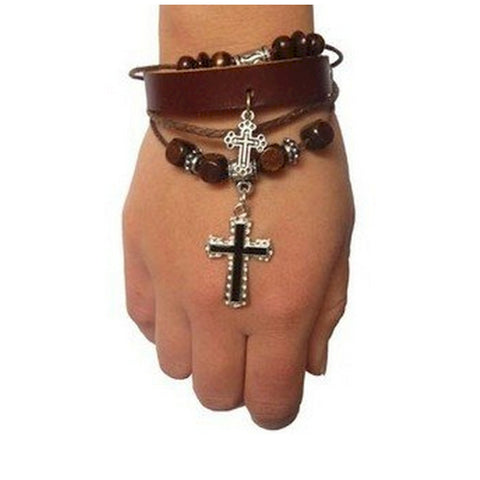 Vintage Leather Wrap Charm Bracelet Bangle with Cross Pendant