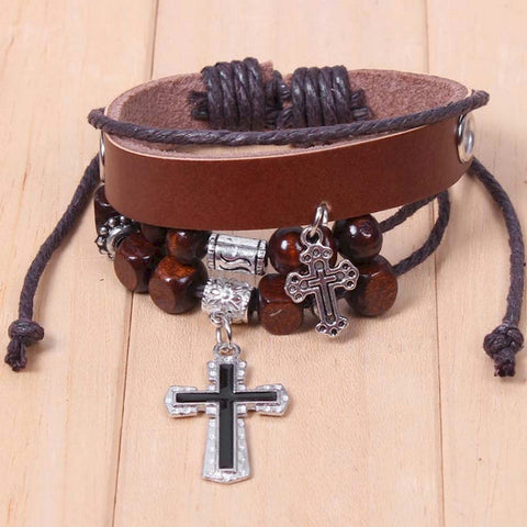 Vintage Leather Wrap Charm Bracelet Bangle with Cross Pendant