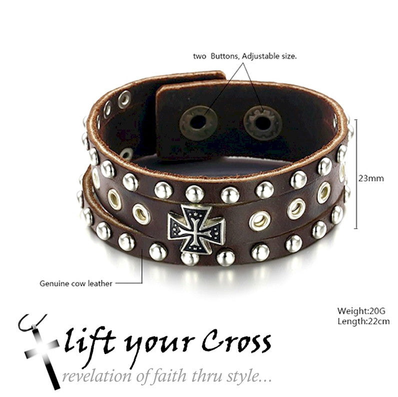Men's Leather Roman Rivet Cross Bracelet - Christian Bracelets LYC