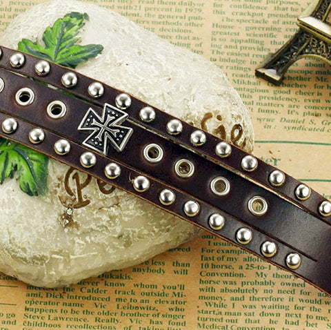 Men's Leather Roman Rivet Cross Bracelet