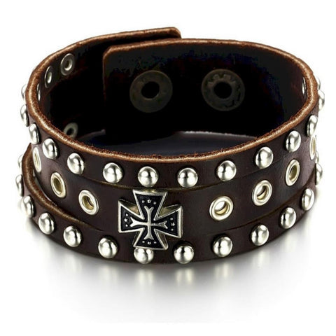 Men's Leather Roman Rivet Cross Bracelet