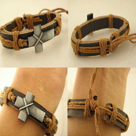 Young mens Christian bracelet with leather band and Cross