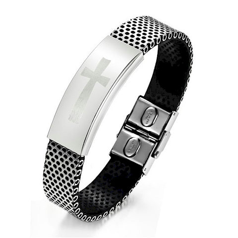 Stainless Steel Mesh Christian Cross Bracelet with PU Leather - LYC