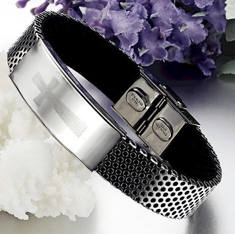 Stainless Steel Mesh Christian Cross Bracelet with PU Leather - LYC