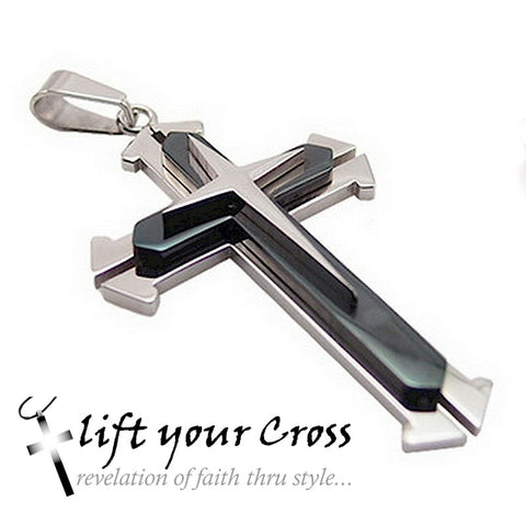 Christian necklace men's stainless steel cross pendant 3 layered Switch-Look
