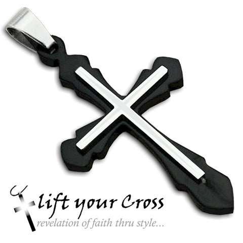 Men's Silver & Black Stainless Steel Cross Chain Pendant Necklace