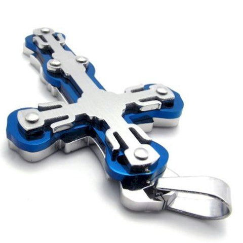 Christian Cross Men's Stainless Blue Steel and Rivets