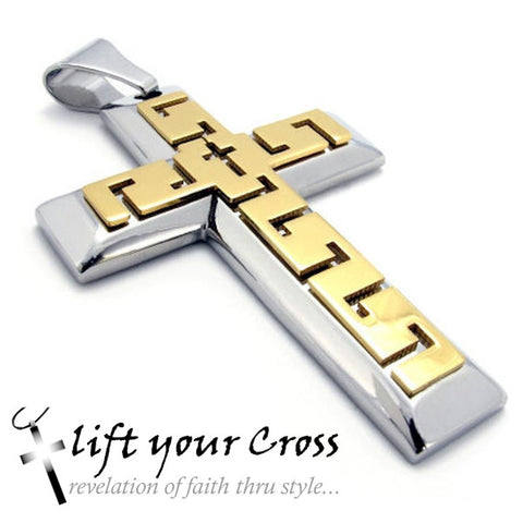 Christian Contemporary Stainless Steel Cross Men's Aztec Look Necklace - Silver and Gold