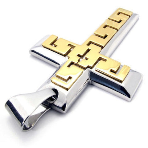 Christian Contemporary Stainless Steel Cross Men's Aztec Look Necklace - Silver and Gold