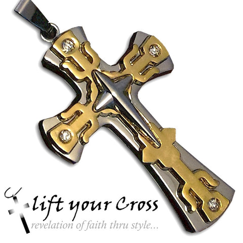 Christian Cross Necklace Silver Gold Layered Rugged Look