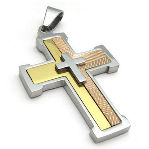 3 Tone Christian Stainless Steel Cross Pendant Necklace - Silver, bronze and Gold