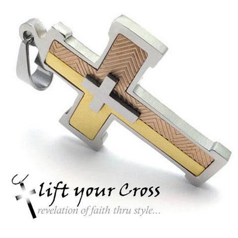 3 Tone Christian Stainless Steel Cross Pendant Necklace - Silver, bronze and Gold