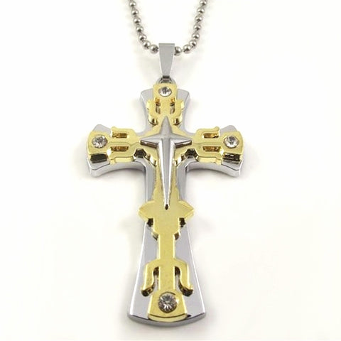 Christian Cross Necklace Silver Gold Layered Rugged Look