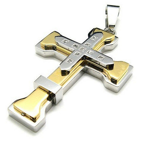 Christian Stainless Steel Cross Pendant Necklace - Silver and Gold with 9 crystals