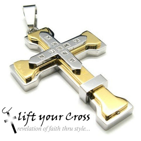 Christian Stainless Steel Cross Pendant Necklace - Silver and Gold with 9 crystals