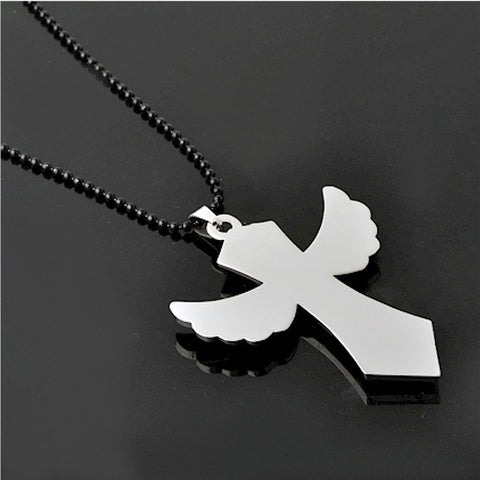 Large Stainless Steel Winged Cross Pendant, Polished Chrome Necklace