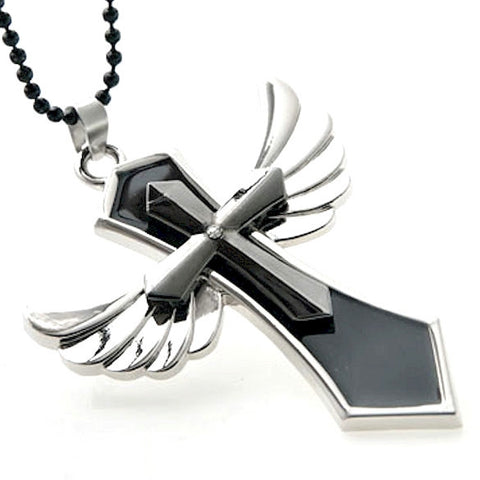 Large Stainless Steel Winged Cross Pendant, Polished Chrome Necklace