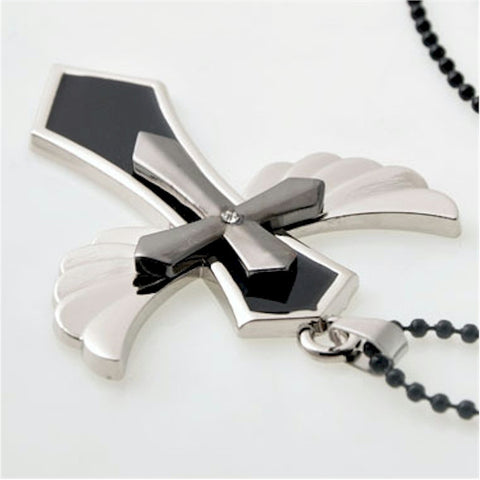Large Stainless Steel Winged Cross Pendant, Polished Chrome Necklace