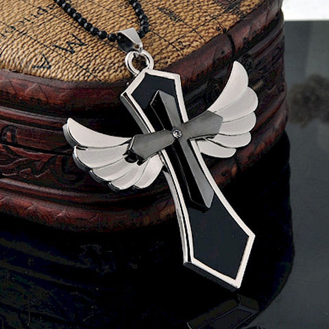 Large Stainless Steel Winged Cross Pendant, Polished Chrome Necklace