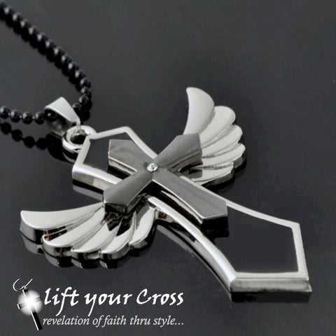 Large Stainless Steel Winged Cross Pendant, Polished Chrome Necklace