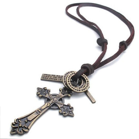 Christian Antique look Cross Necklace with genuine leather - handmade jewelry