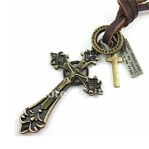 Christian Antique look Cross Necklace with genuine leather - handmade jewelry