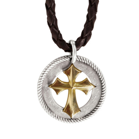 Concho Cross - Mens Christian Western Style Concho with a Rope Edge Necklace