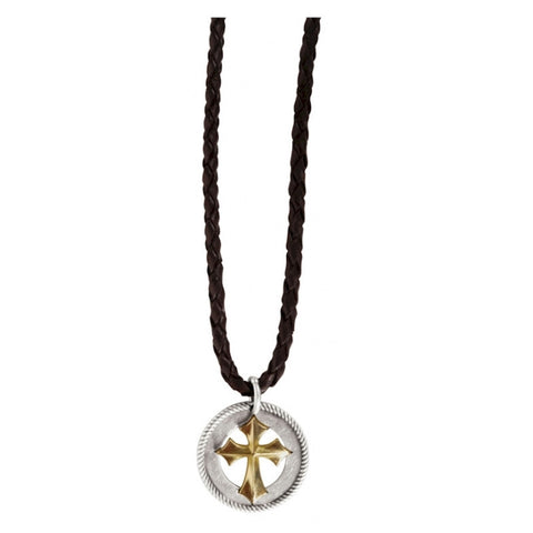 Concho Cross - Mens Christian Western Style Concho with a Rope Edge Necklace